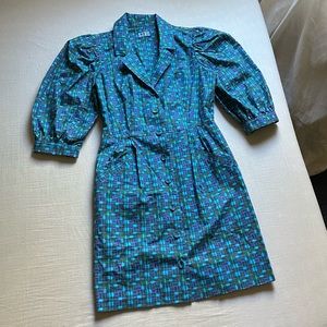 LHD blue tribal print puff short sleeve button down mini dress